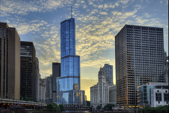 The Sun Lowering Behind Trump Tower and the Wrigley Building Over the Chicago River