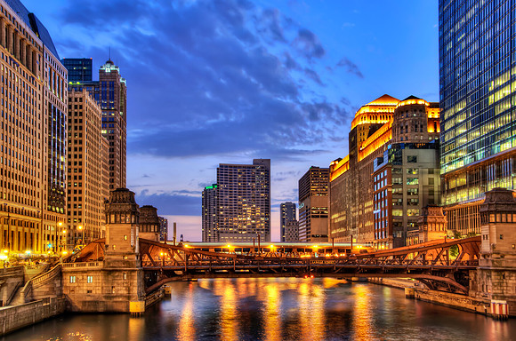 Night Falls Over Lasalle Bridge and The Chicago River