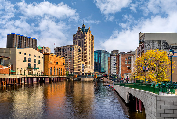 The Milwaukee River (Riverwalk) and Skyline Looking South (Viewed from E. Kilbourn Ave)
